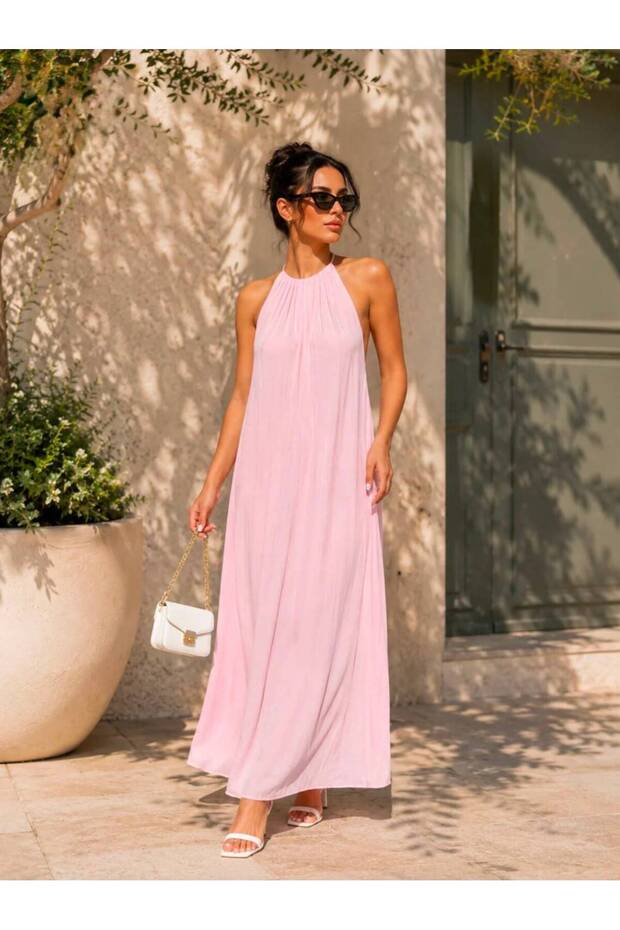Women's Long Dress with Throught-Out Strap Detail at the Neck and Backless Design