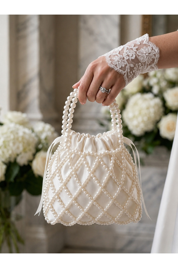 Handmade Pearl Embellished Bridal Bag – Satin Fabric Engagement Promise Henna Wedding Bag