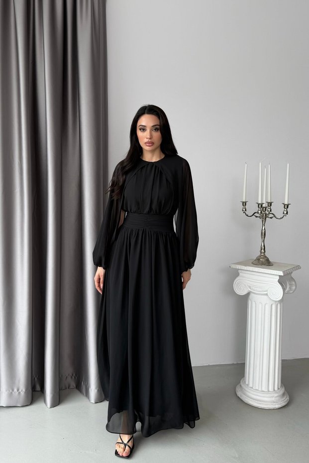 Black Waist Detailed Tulle Sleeves Lined Long Dress