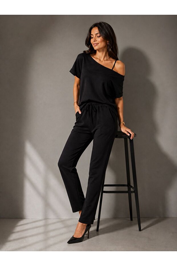 Women's Black Two-Thread Fabric Shoulder Strap Detailed Blouse with Elastic Waist and Bottom Tracksuit Two-Piece Set
