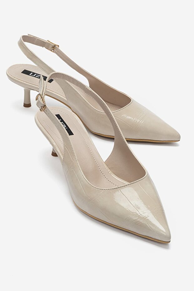 Women's Patent Leather Crocodile Patterned Pointed Toe 5 Cm. Low Heel Slingback Shoes