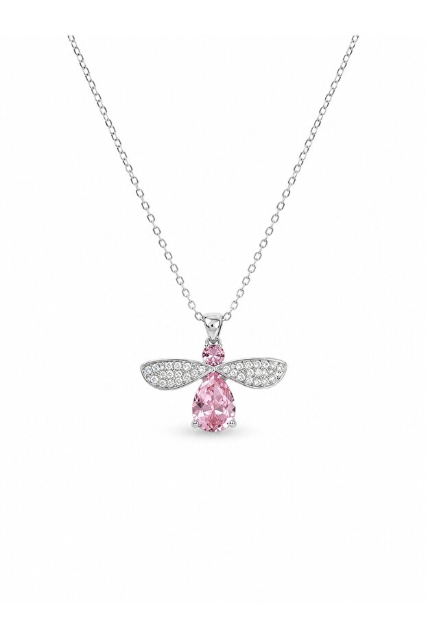 316L Steel Chain Silver Color Pink Stone Fly Model Women's Necklace