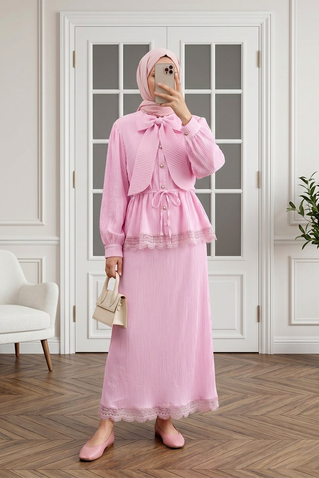 Lace Detailed Skirt with Tie Detail, Pleated Crepe Set - Powder