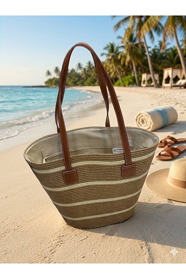 Patterned Colorful Straw Beach Bag - 1