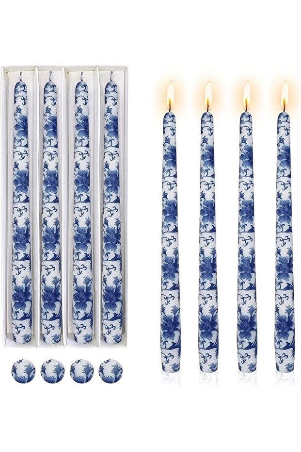 Handmade Taper Candles Elegant Blue Floral Print Candlesticks