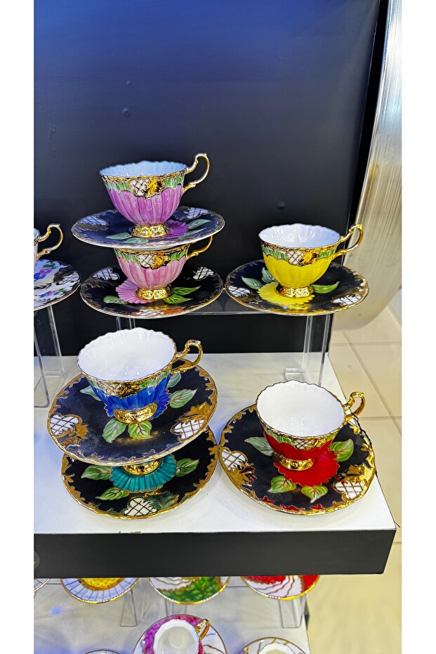 ESTERHOMEDECOR Hand-Painted Porcelain Coffee Cup Set for 6 People
