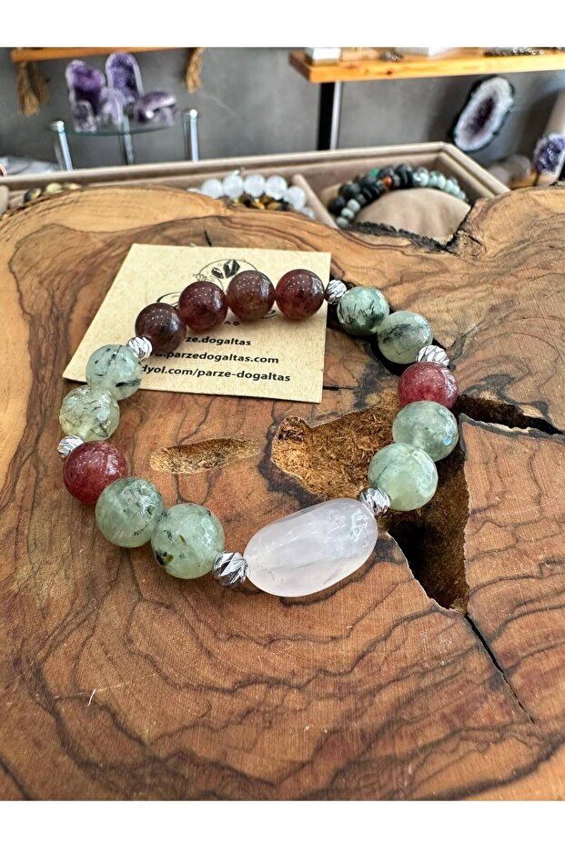 Phrenite (Perinayt) and Pink Quartz Design Natural Stone Bracelet