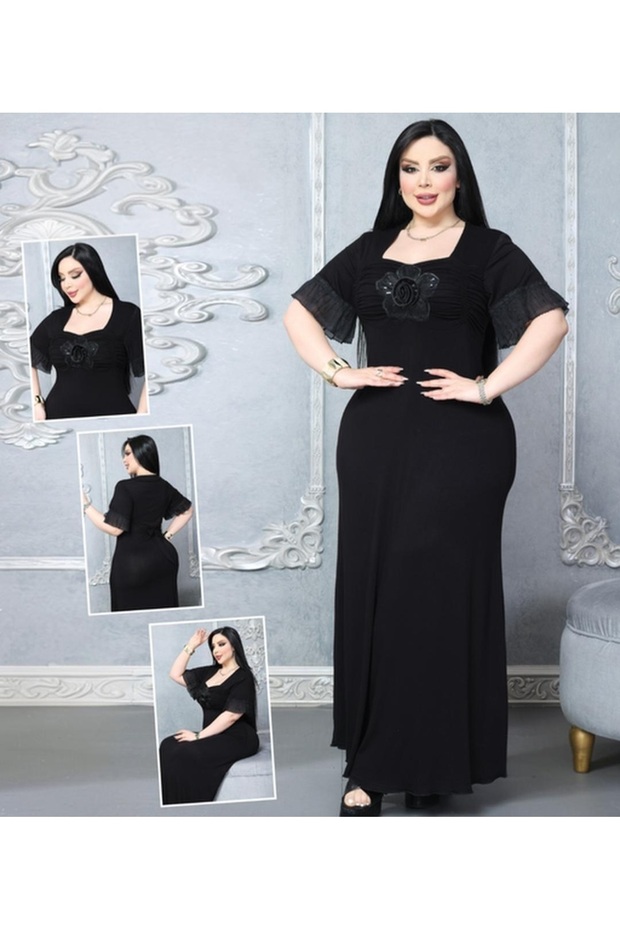 Plus Size Square Neck Floral Detailed Black Long Dress