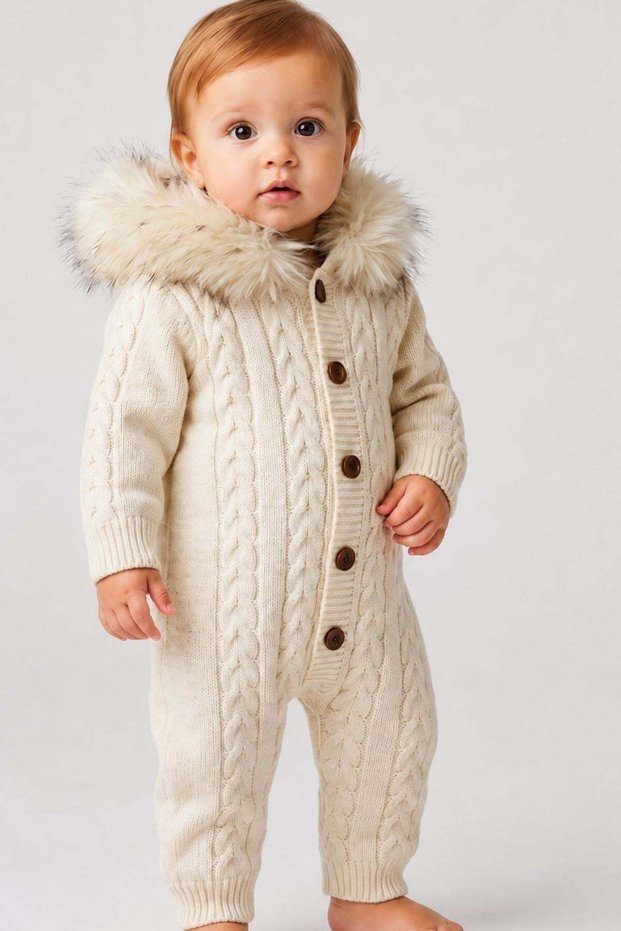Soft Textured Hooded Cream Baby Knitwear Jumpsuit