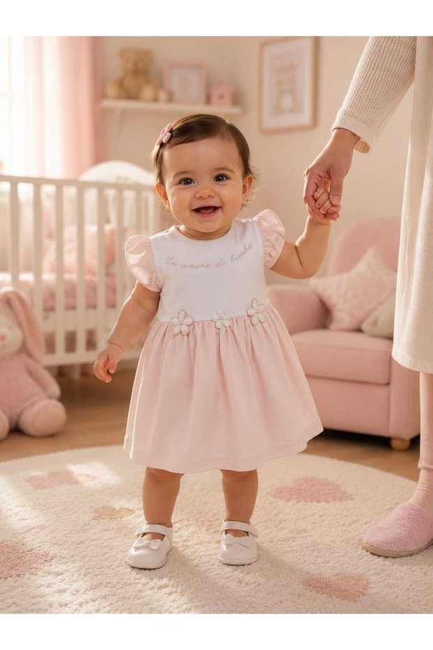 Incibaby 100% Cotton Daisy Detailed Snap Fastener Baby Girl Dress