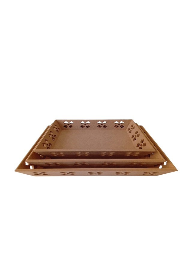 مجموعة صواني مستطيلة من MDF مكونة من 3 قطع بتصميم زهور زخرفية
