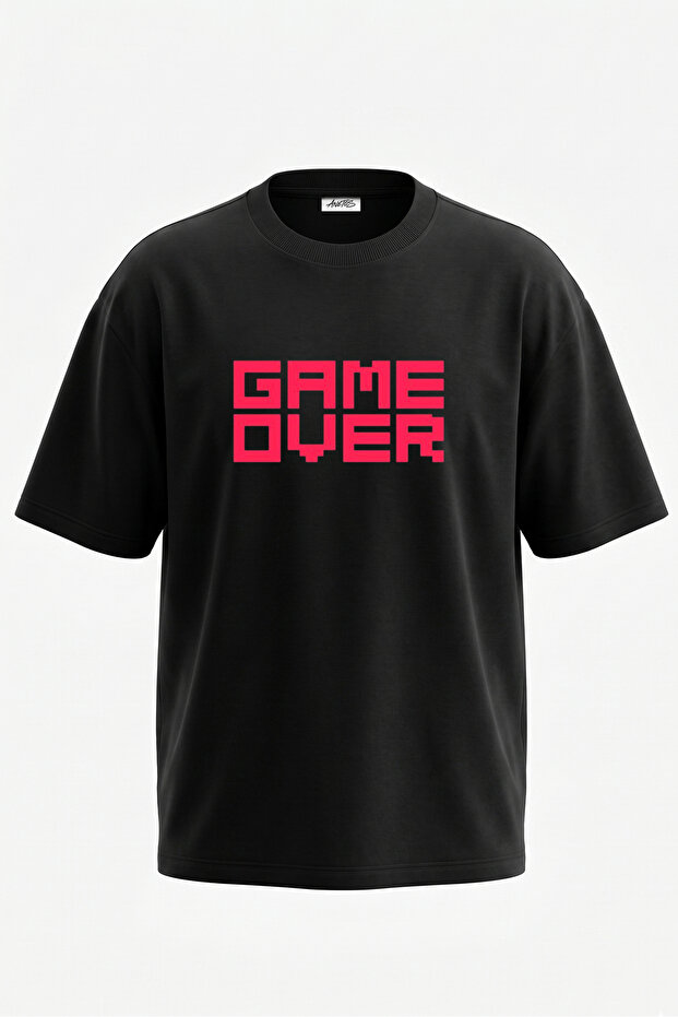 تي شيرت Game Over_1 مصنوع من القطن الأسود المطبوع على الظهر بمقاس كبير