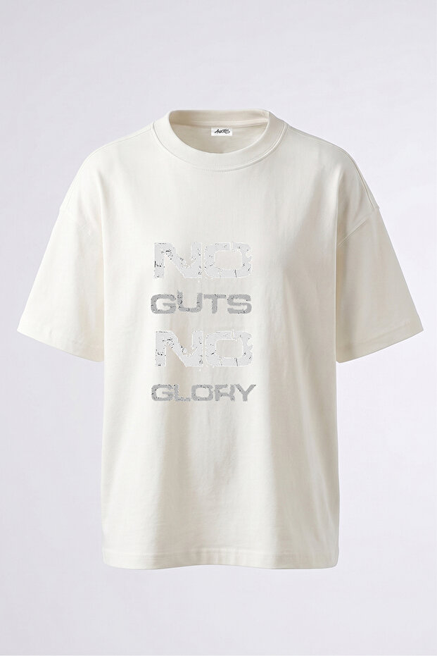 No Guts No Glory Design Back Printed Cotton White Oversize T-Shirt