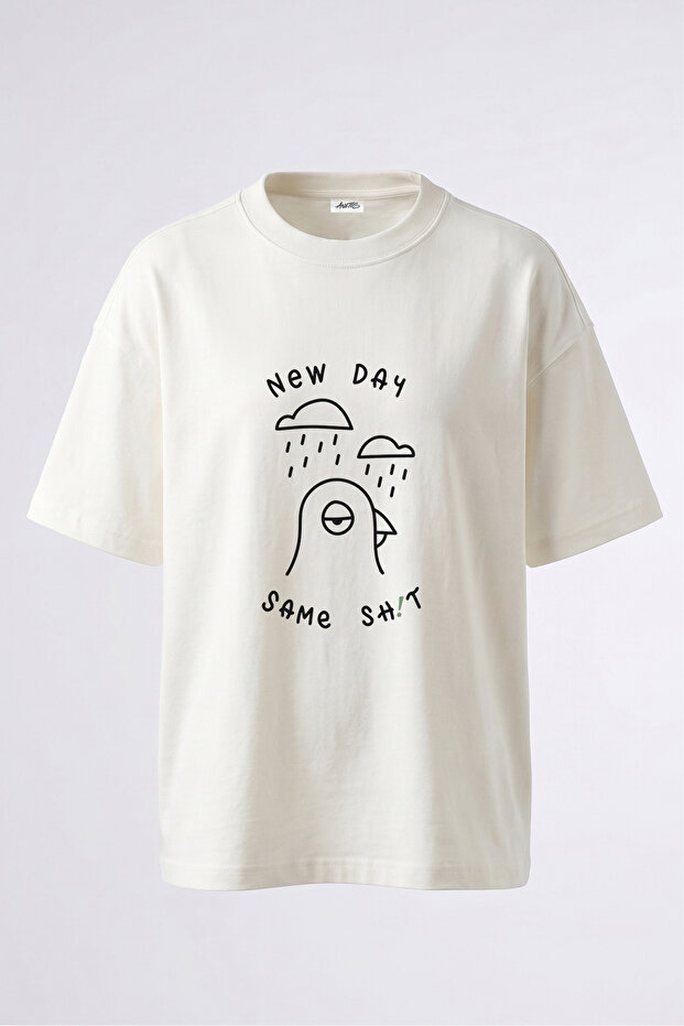Grumpy Bird Design Back Printed Cotton White Oversize T-Shirt