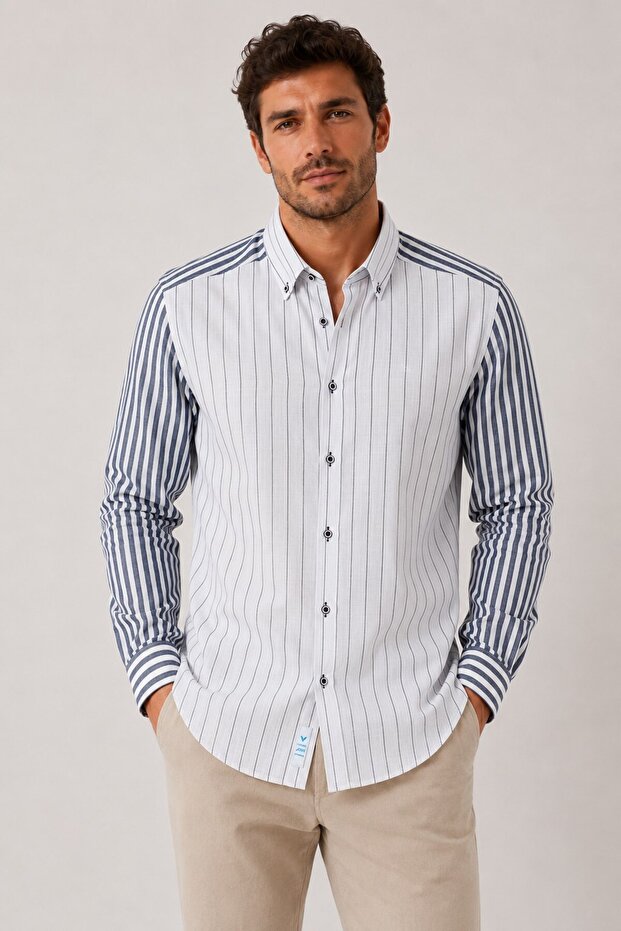 Slim Fit Long Sleeve Linen Lycra Double Pattern Pocketless Gift Boxed Men's Shirt Fs-004577 - Navy Blue