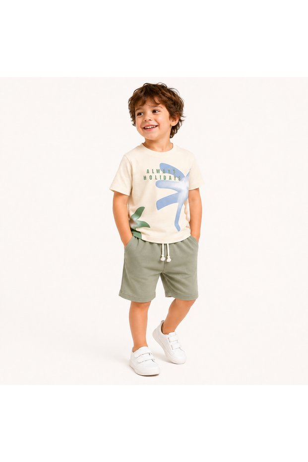 Boy's Summer T-Shirt and Shorts Set 100% Cotton Ecru Khaki 2-Piece Set 2-3-4-5 Years Old