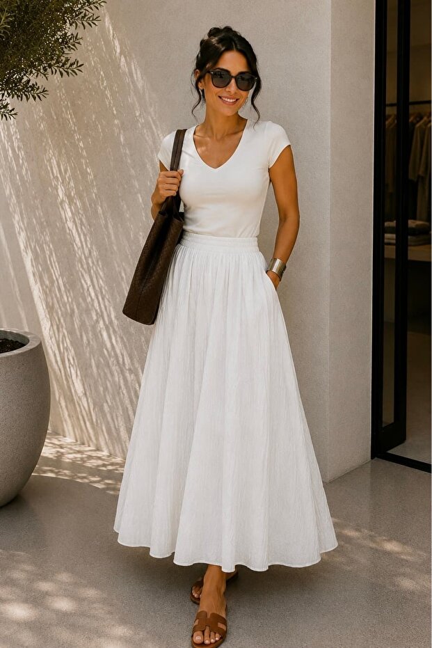 Long Skirt with Self-Drawn Stripes and Pockets - Loose Fit Elastic Waist Skirt White My3535