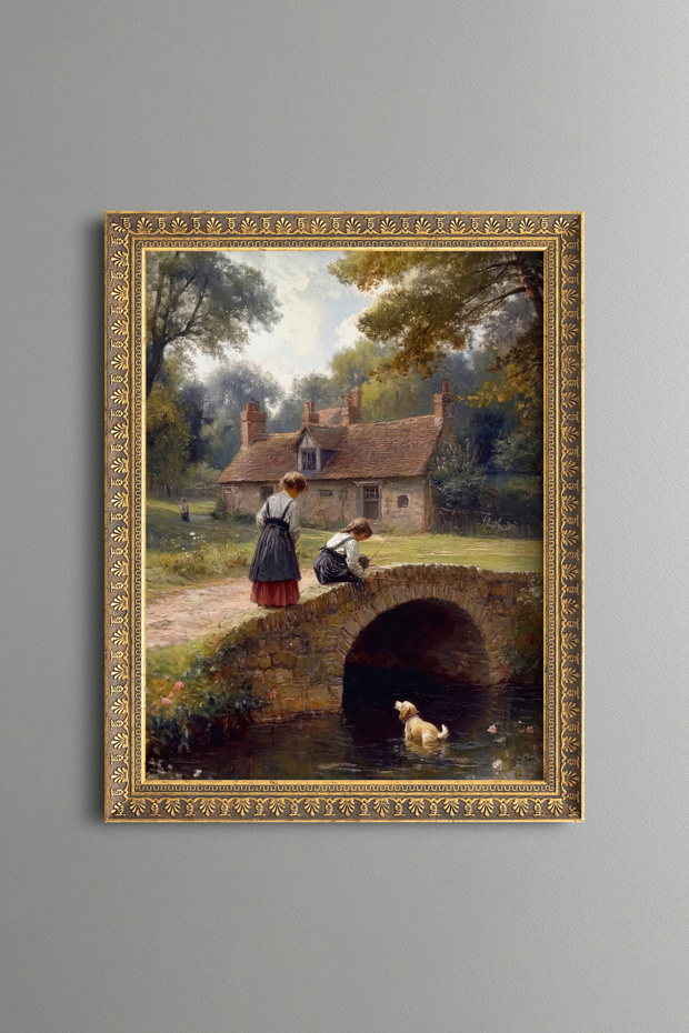 Children and Stream Landscape Painting on Stone Bridge - Vintage Patterned Frame - Fine Model