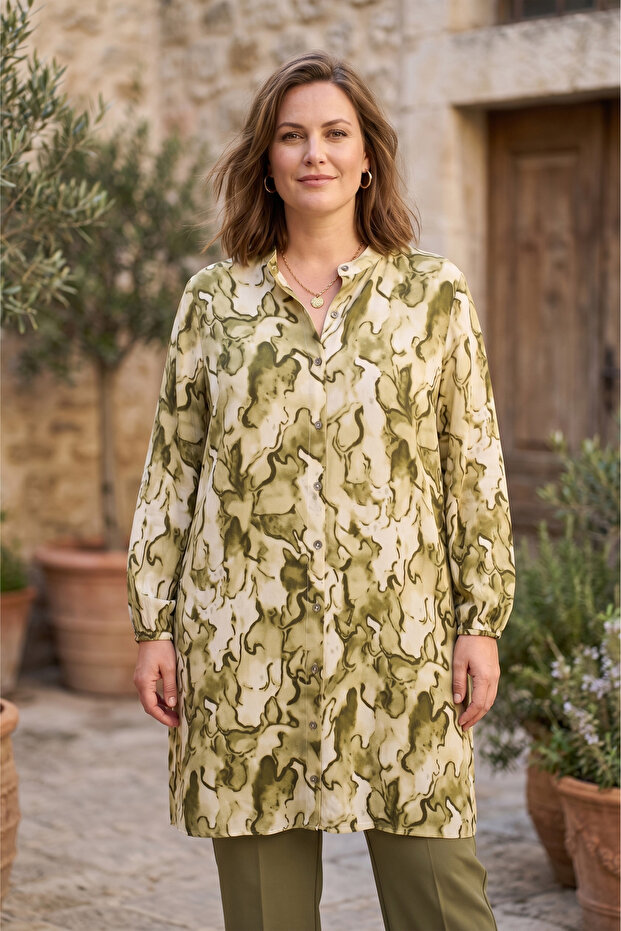 Women's Plus Size Judge Collar Patterned Long Sleeve Mother Woven Tunic Shirt Blouse
