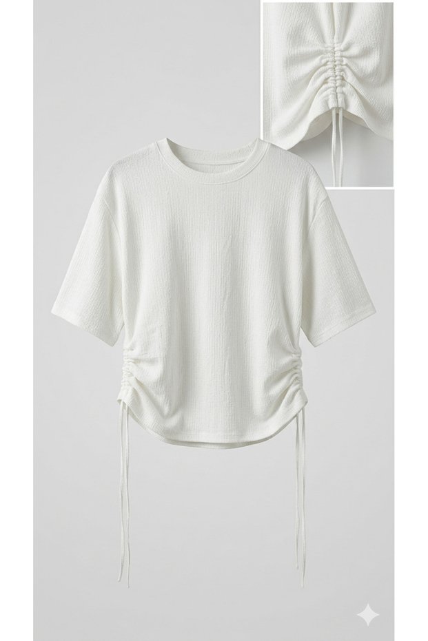 White Oversize T-Shirt with Gathered Sides, Loose Wide Cut, Soft Wrinkled Fabric for Women