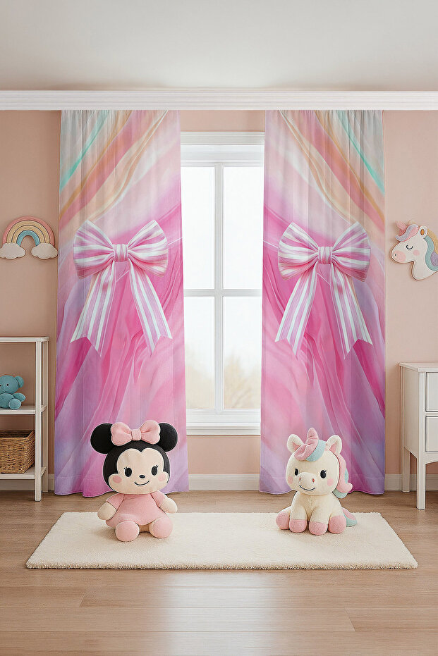 Pink Bow Patterned Children's Baby Room Background Curtain (Single Wing Pricing)
