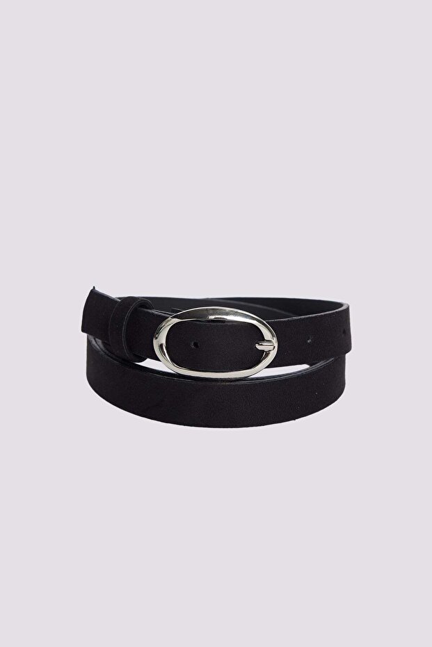 Women's Oval Silver Buckle 110 cm Standard Black Women's Belt