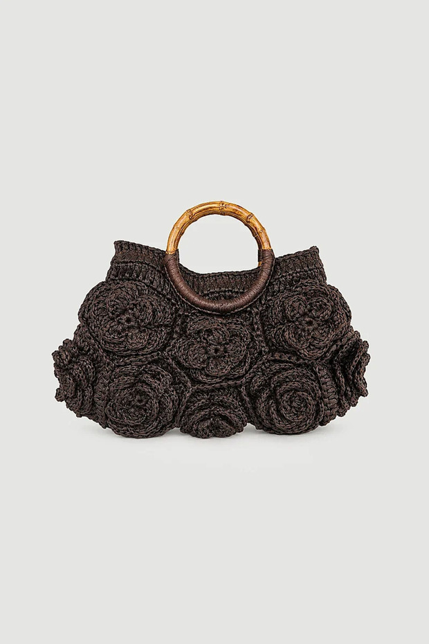 Floral Detailed Straw Bag with Wooden Accessories - Brown