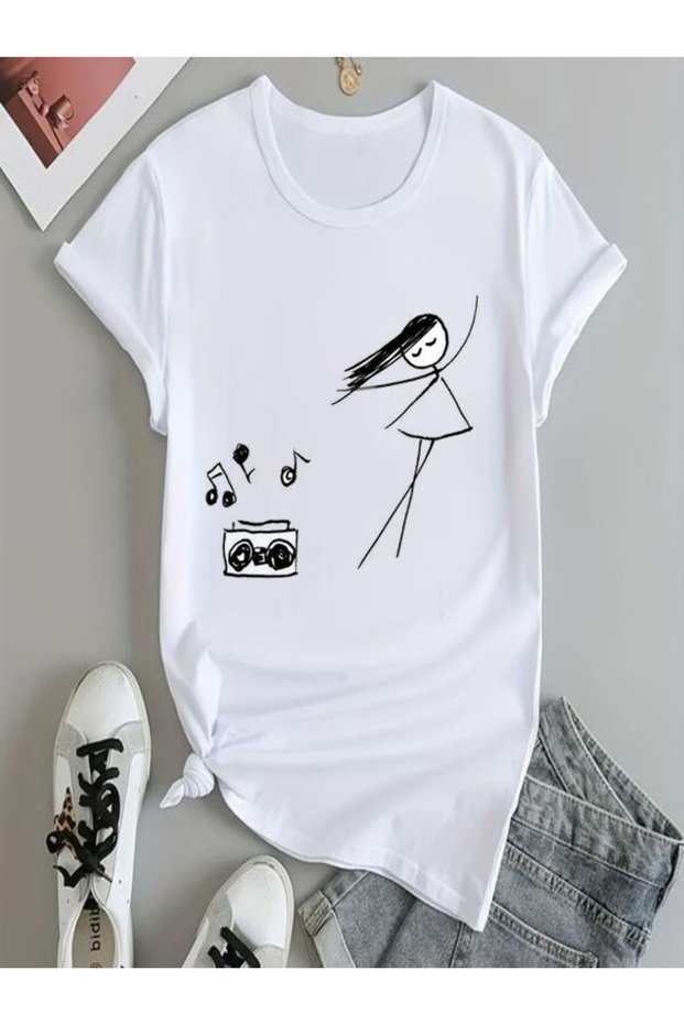Music Themed Printed White Oversize T-Shirt