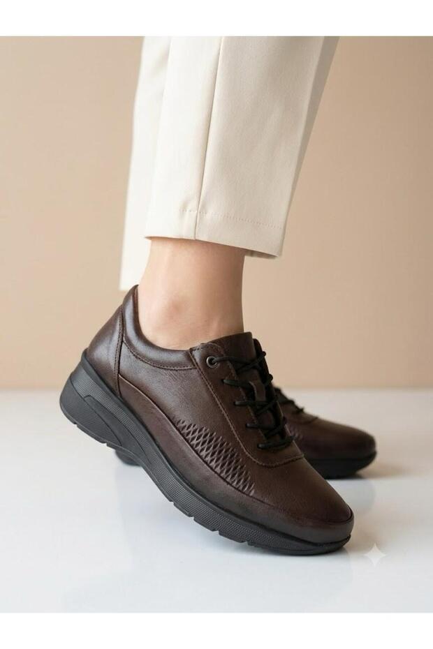 Women's Brown Genuine Leather Orthopedic Sole Rubber Laced Casual Shoes