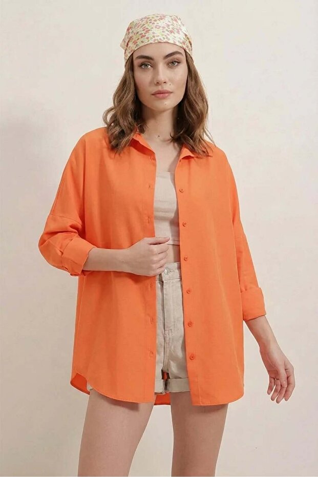 Women's Basic Oversize Cotton Orange Shirt