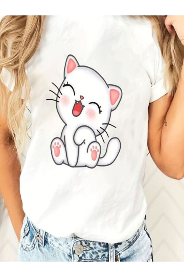 Cute Cat Printed White T-Shirt