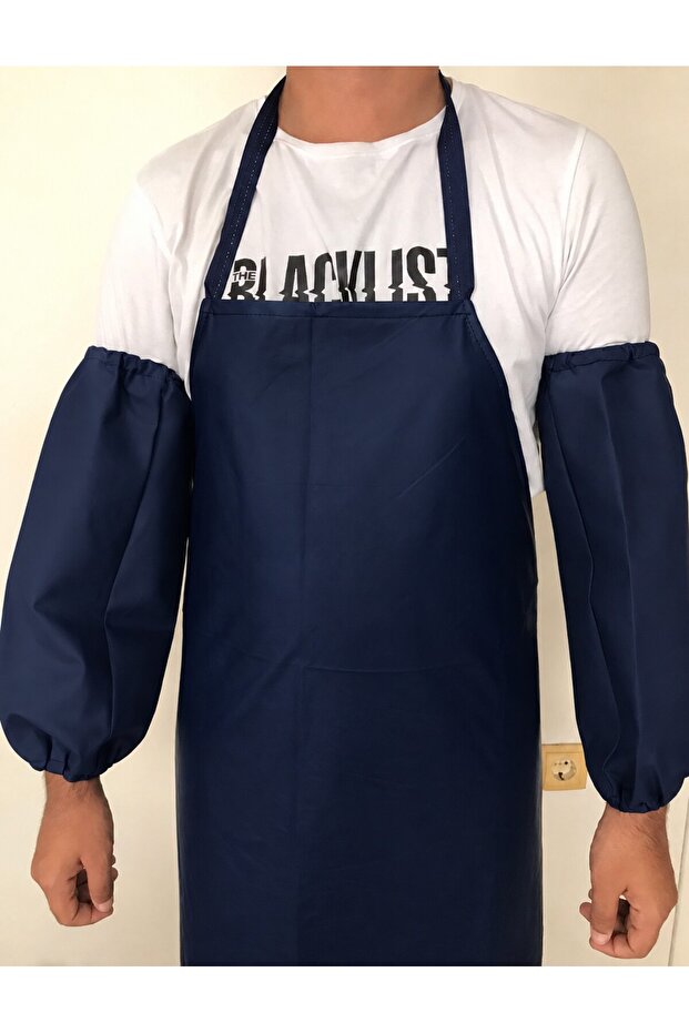 Waterproof and Stain-Resistant Work Apron and Sleeve Set in Navy Blue Color