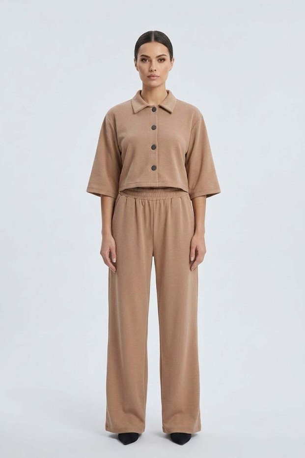 Women's Cream Lycra Polyviscon Fabric Snap Detailed Shirt Collar Crop Top and Wide Leg Pants