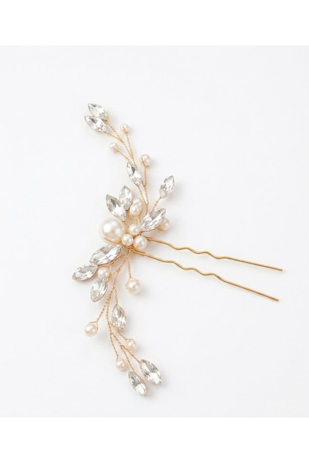 Stil+O Accessory Minimalist Pearl and Crystal Stone Gold Hairpin Hair Clip – Bridal, Engagement, Hijab Hair Accessory