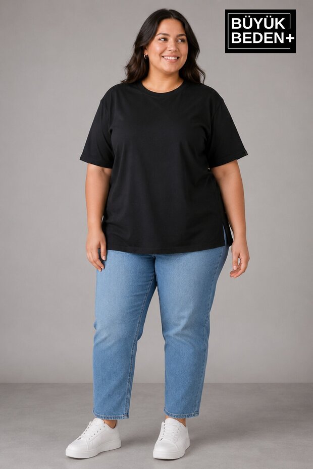 Plus Size Women's Crew Neck Slit Detailed 3Xl-6Xl Tunic T-Shirt Spr26Btsk501