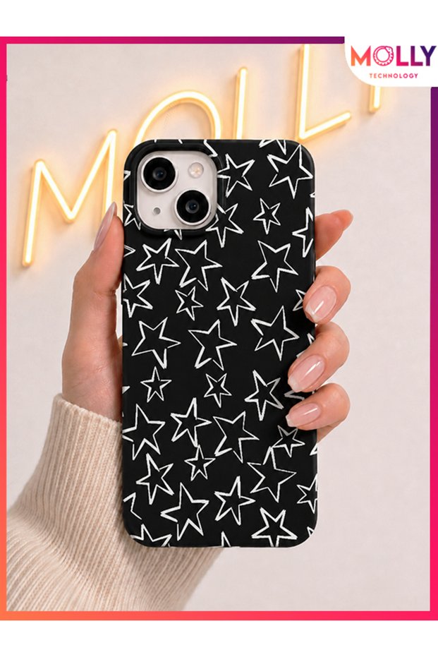 Black Star Sketch Pattern Inside Velvet Silicone Case for iPhone 13 / 14