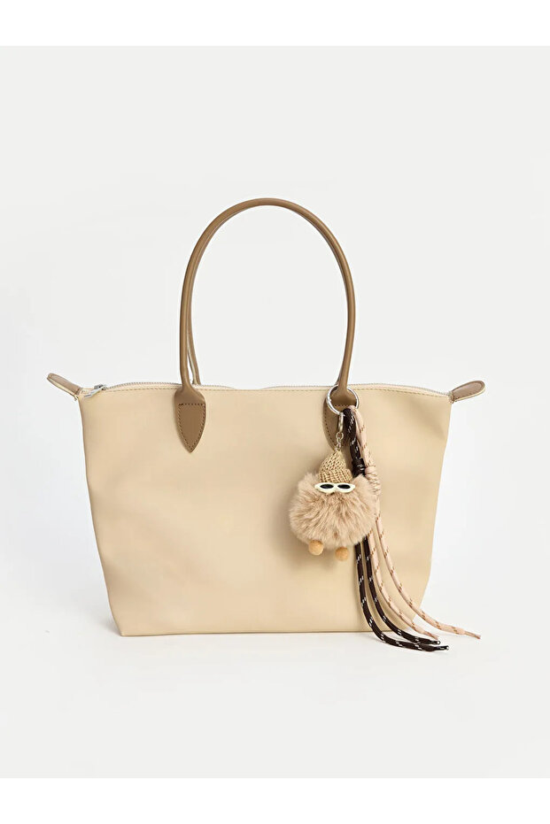 Beige Zippered Girl's Pompom Shoulder Bag