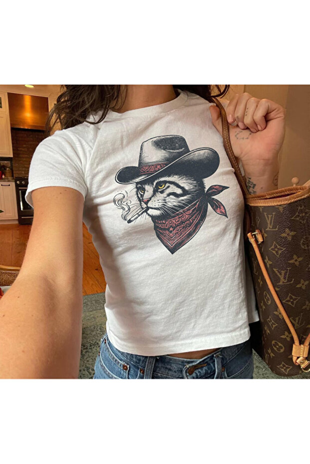 Smoking Cowboy Cat Printed Women's Body Tee