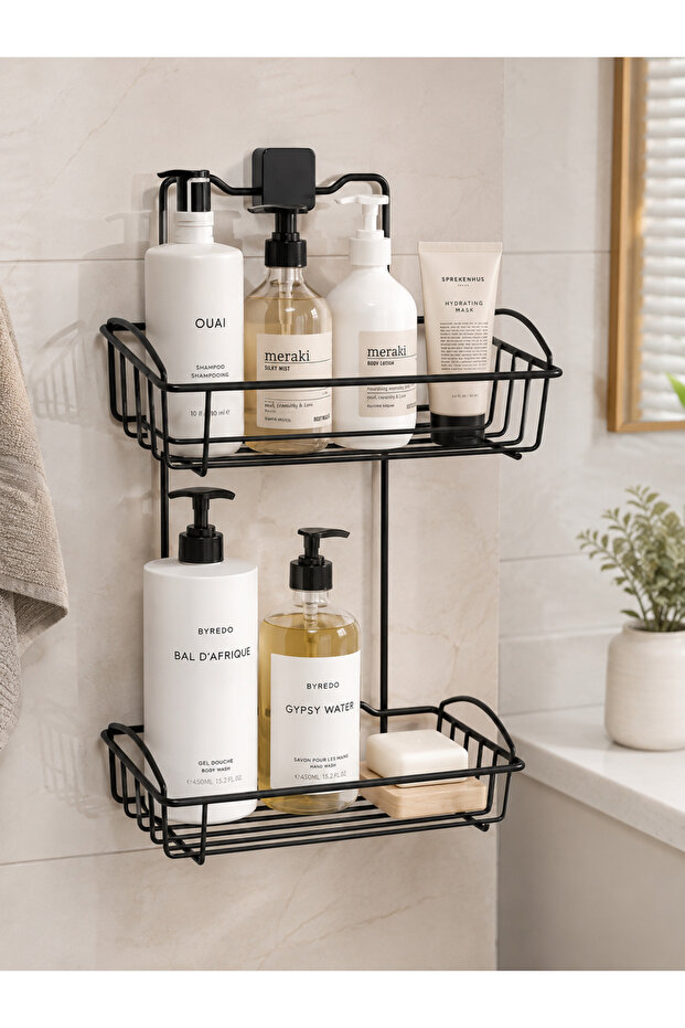 Double Layer Adhesive Bathroom Shelf Black Metal Shampoo Holder No Drilling Mounting Rustproof Shower Organizer