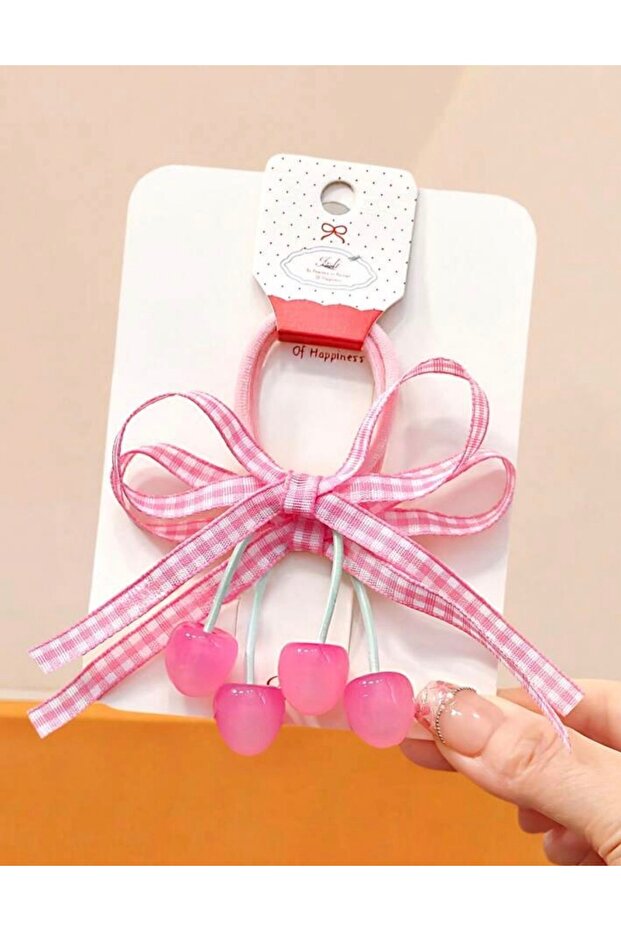 Pink and White Color with Cherry and Gingham Ribbon Bow Figure, 9 cm Double Rubber Buckle