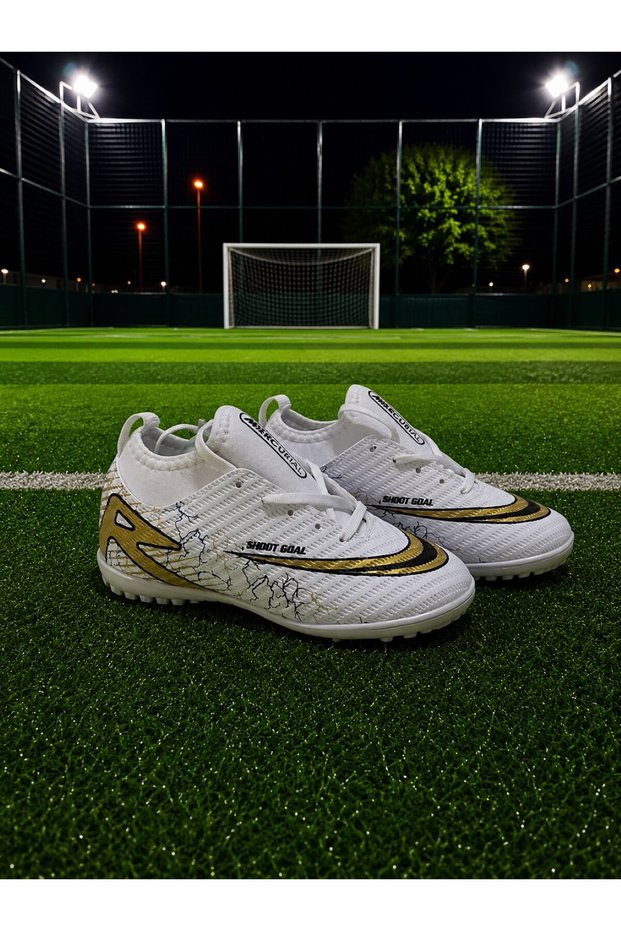 Children's Turf Soccer Shoes White-Gold High-Top Grass Field (Flat)