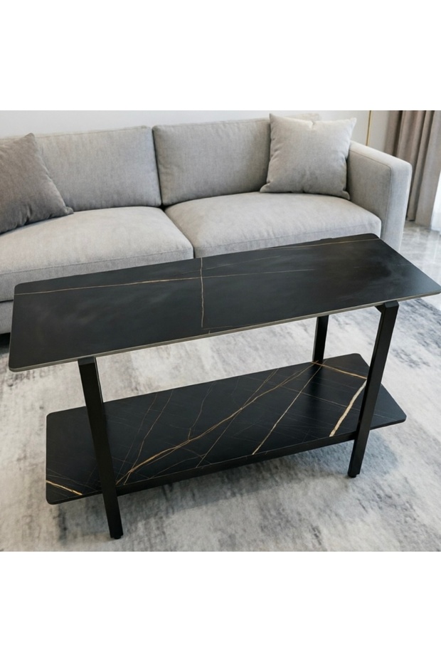 Light Luxury Double Marble Pattern Accent Table, Narrow Sofa Back Side Storage Table - 3