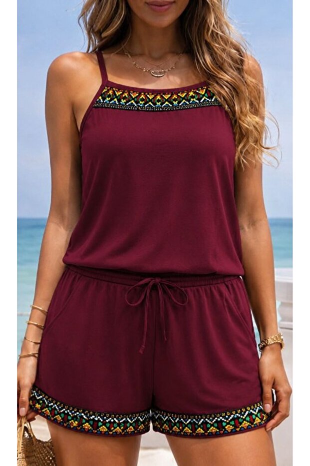 Women's Rope Strap Ethnic Pattern Detailed Short Viscose Blouse and Shorts Two-Piece Set