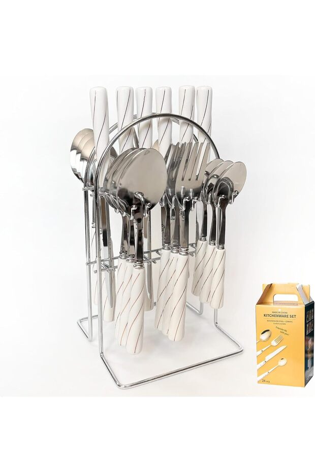 24-Piece Kitchenware Cutlery Set with Holding Stand, Stainless Steel, White Handle