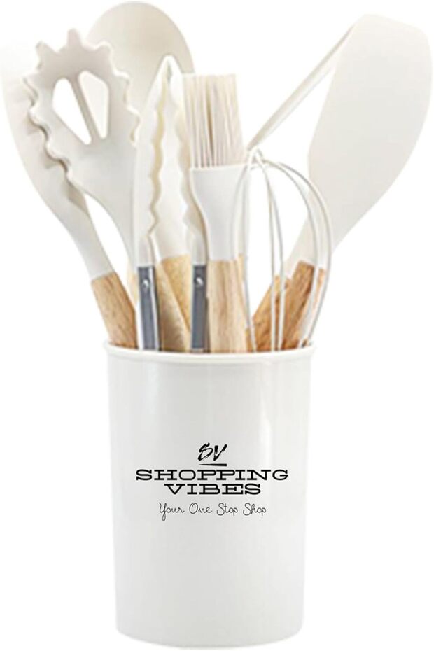 12PCS Kitchen Utensil Set Silicone Cooking Utensils Kit Spatula Heat Resistant Wooden Spoons Gadgets Tool for Non-Stick Cookware (White)