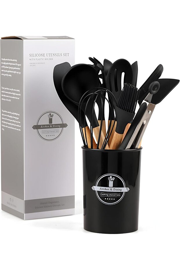 SKYLEAF 12-Piece Silicone Cooking Utensil Set with Wooden Handle, Nonstick, Heat Resistant & Storage Bucket