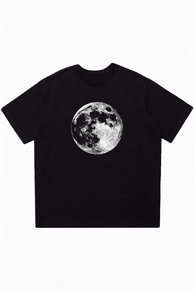 Moon Printed Black Oversize Crew Neck T-Shirt