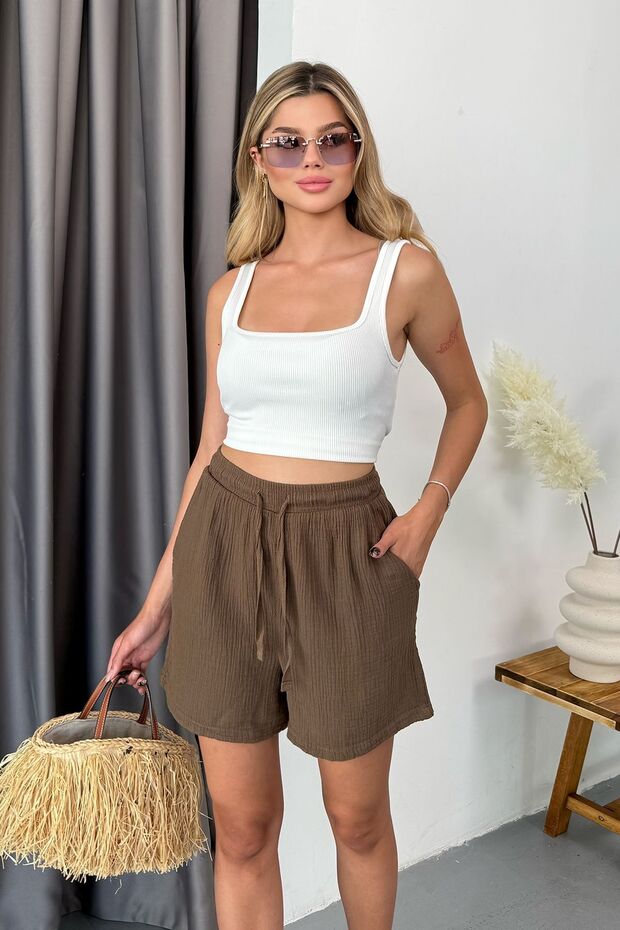 Women's Adjustable Waist Double Pocket 100% Cotton Shorts Light Brown - 5544