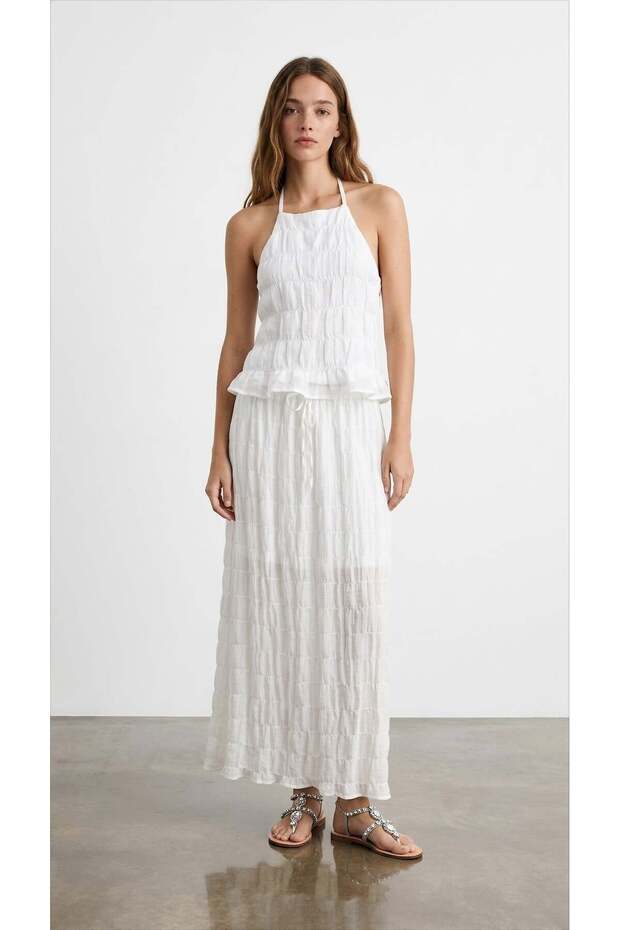 Beli Tie-Dye Detailed Seersucker Maxi Skirt - Ecru