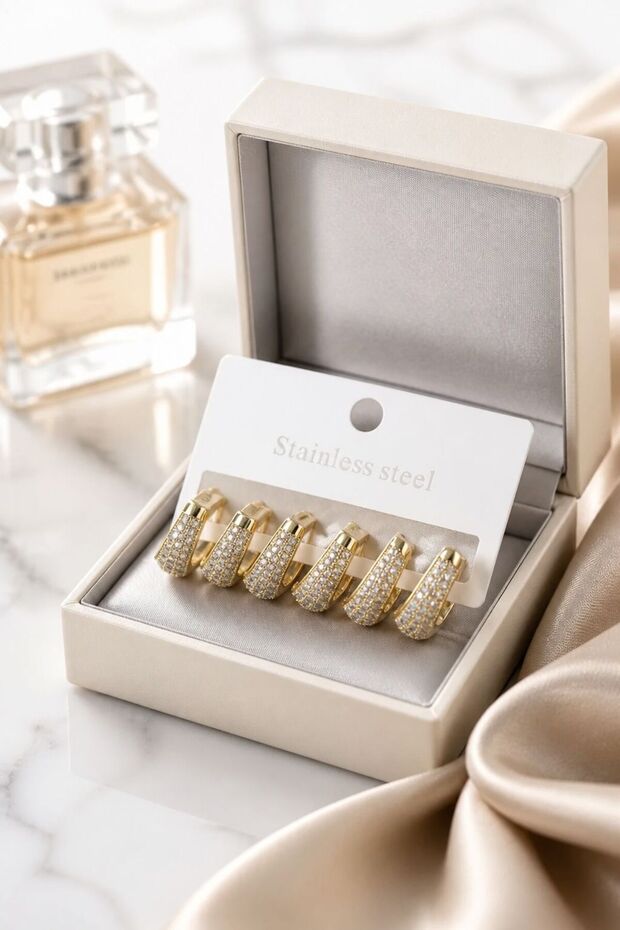 Steel Gold Color Zircon Stone Drop Hoop Earring Set